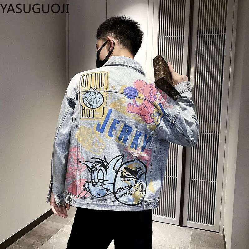 New 2024 Hip Pop Denim Jackets Japanese Cartoon Printed Loose Graffiti Frayed Coat Fashion Jean Jacket Men