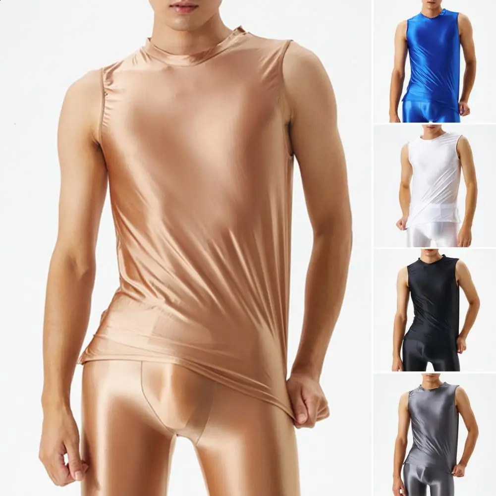Mens Oil Shiny Glossy Tank Tops Sleeveless Slim Fit Vest Tshirts Fitness Gym Sport Satin Shirts Rave Party Clubwear Swimwear 250407