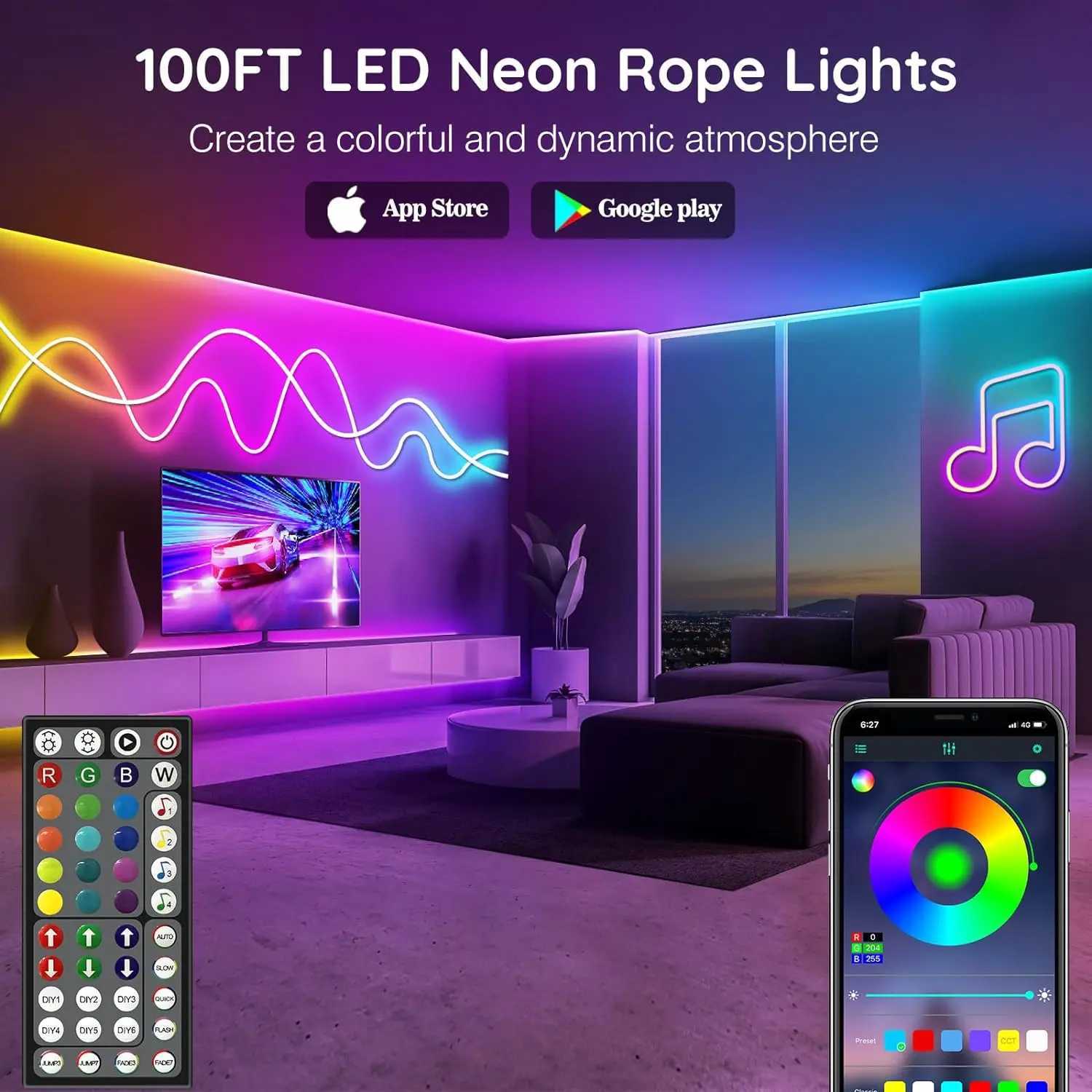 30M/20M Mexllex RGB Neon Light Strip with APP Remote Color Change Waterproof Music Sync Mode for Bedroom Room Outdoors Decro W251112