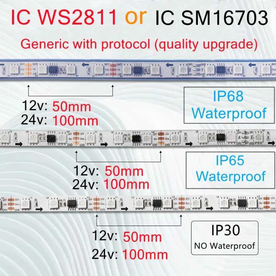 12V 24V WS2811 SM16703 5050 RGBIC Led Lights 5V RGB Led Strip Light IP68 Waterproof Smart Pixels Magic Light Black White PCB W251112