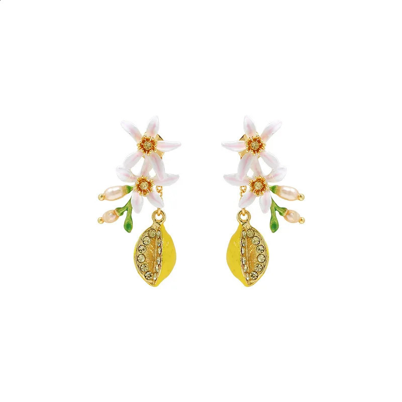 Arrival Temperament Niche n Enamel Ins Style Cute Open Lemon Flower Stud Earrings Ear Clip Natural Pearl Hook Earrings 250411