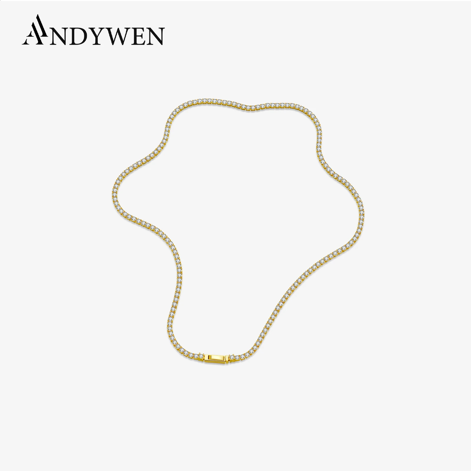 ANDYWEN 925 Sterling Silver Gold 2mm Tennis Chain Choker Necklace Long Chain 37.5cm Women Party Wedding Fine Jewelry 250407