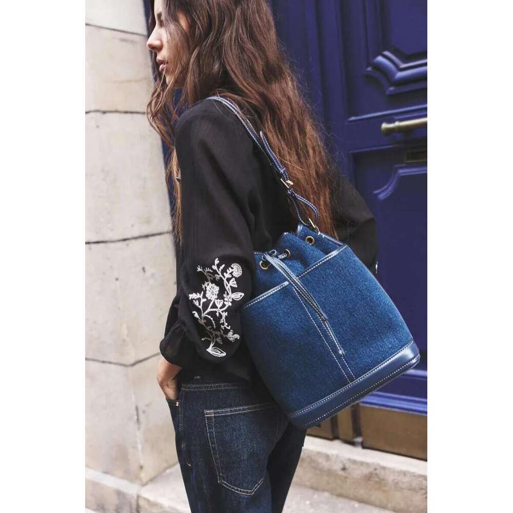Vintage Denim Bucket Designer Canvas Women Shoulder Bags Drawsting Panelled Crossbody Bag Small Tote Shopper Purses