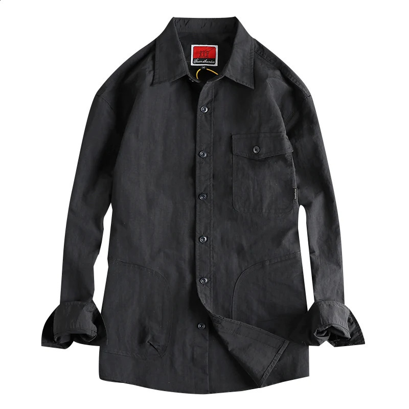 Spring Japanese Retro Long Sleeve Collar Woven Cargo Shirt Mens Simple Outdoor Pocket Casual Loose Thin Coat 250411