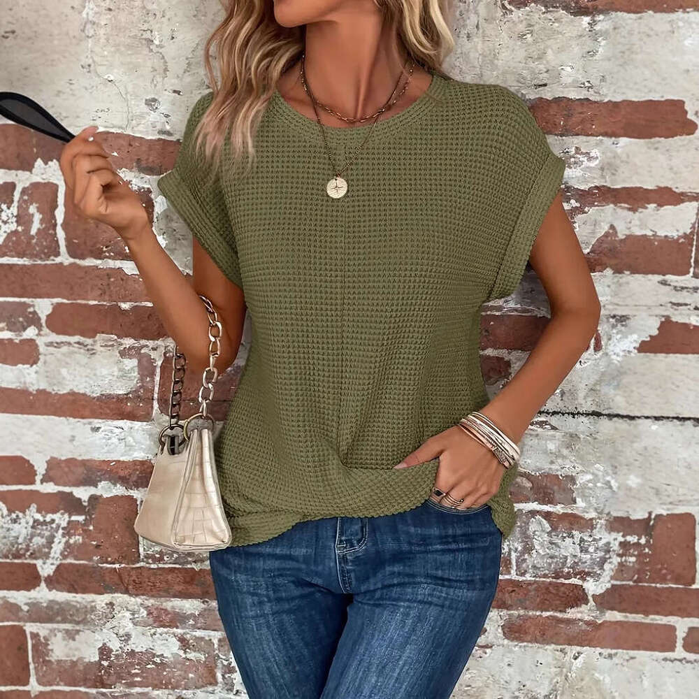 2025 Spring/Summer New Solid Color Round Neck T-Shirt Elegant Short Twisted Top Women's Wear