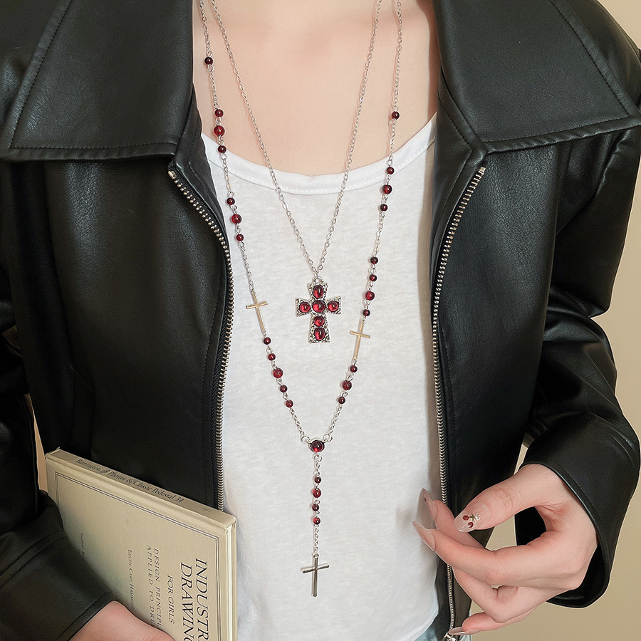 Vintage Crystal Beaded Cross Pendant Two-Piece Set Palace Style Necklace Light Luxury High-End Sweater Chain for Women - view 3