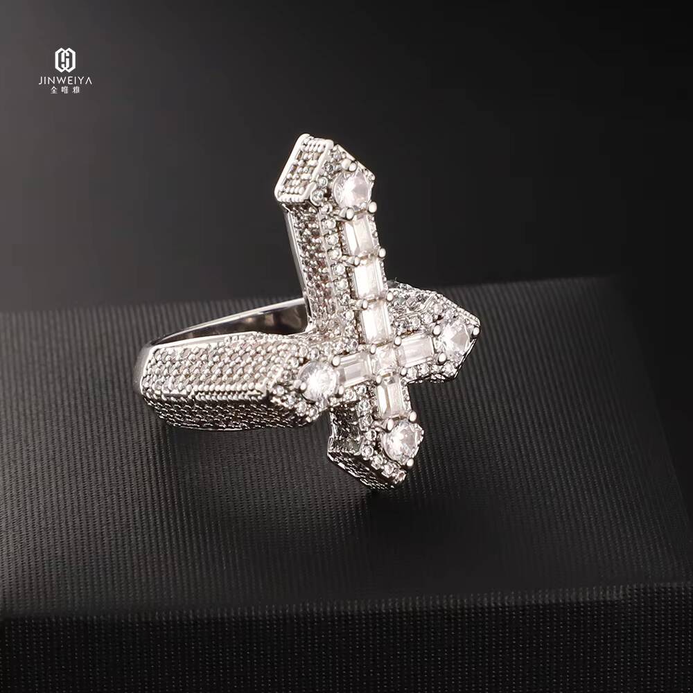 Factory Wholesale High Quality Christian Hip Hop Rings Gold Plated Moissanite Cross 925 Sterling Silver Ring for Men