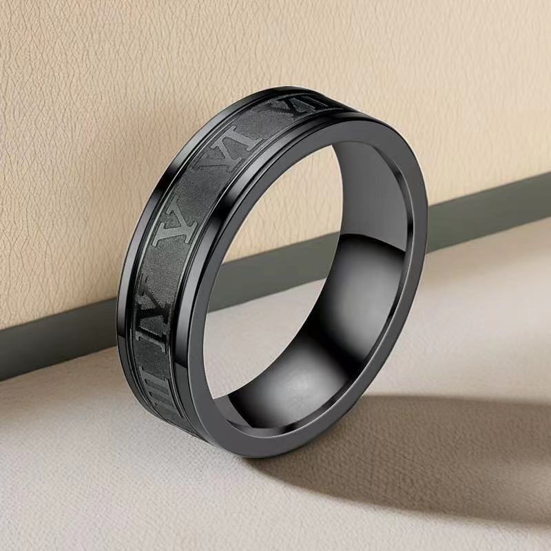 Stainless European and American Cross-Border Women's Titanium Steel 6mm Wide Roman Numeral Ring Fashionable Men's Trendy Corrosion