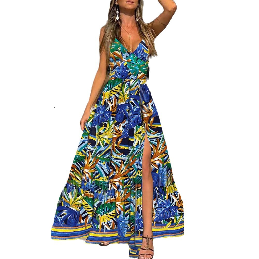 2025 Summer Womens Dress V-neck Strap Printed Leaf Beach Vacation Split Long Dress