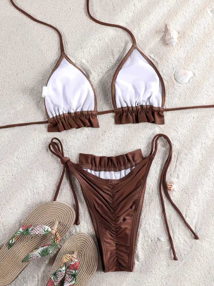 Brown Frill Bikinis Summer Bikini Set Sexy Swimwear Womens swimsuit Bathing Suit High Quality 2025 Bandage ruffled SwimsuitW251113