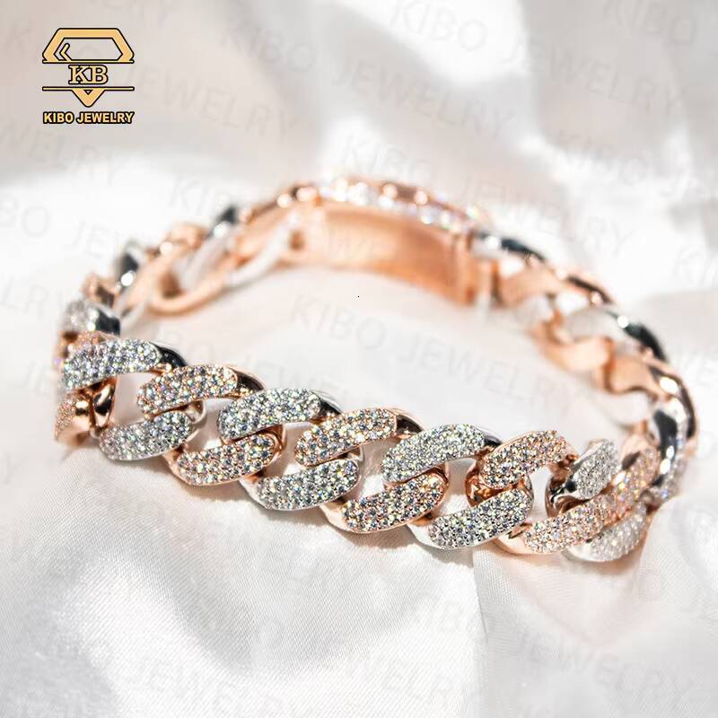 Two Tone 14K Rose Gold White Gold Plated Silver 925 Moissanite Diamond Hip Hop 14MM Cuban Bracelet Custom Moissanite Jewelry