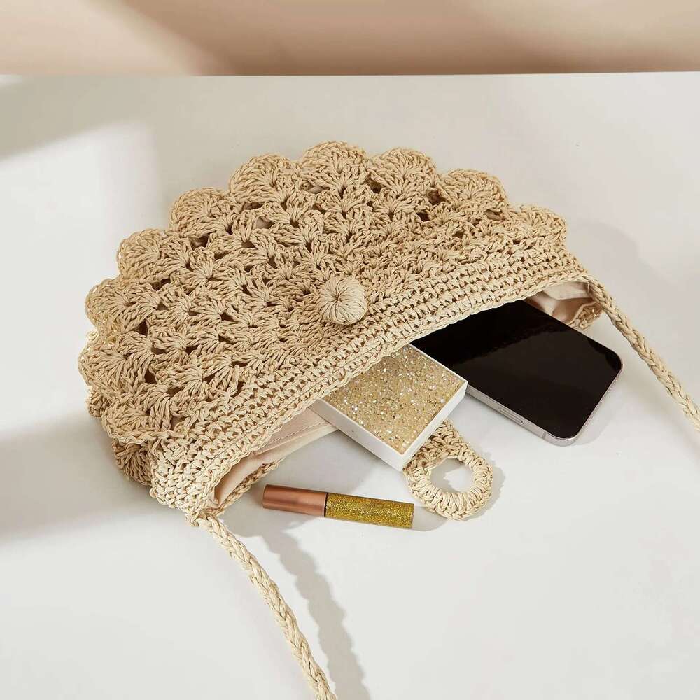 Single Shoulder Diagonal Cross Grass Beach Bag, Fan Wer Handmade Woven Mobile Phone Semi-Circular Bag