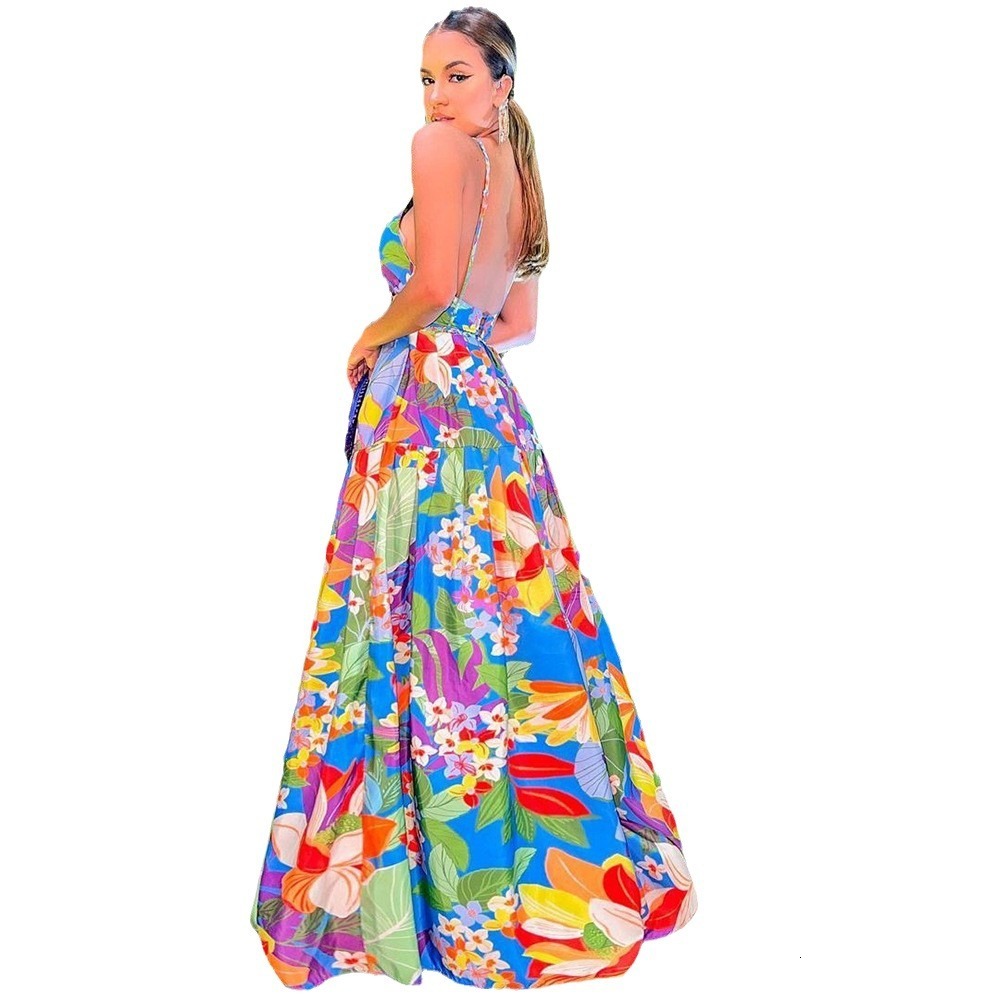 2025 Summer New Womens Dress Holiday Printed Multi Color Off Shoulder Large Swing Strap Long Style