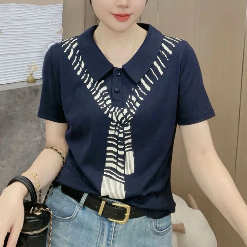 summer collar polo shirt for middleaged and elderly mothers short sleeved Tshirt loose fit casual fashionable top 250407