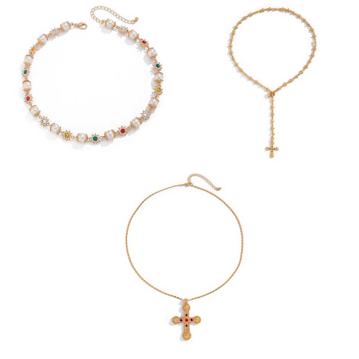 Ingemark Luxury Rhinestone Imitation Pearl Beads Chain Necklace Women Wed Bridal Vintage Jesus Cross Pendant Choker Y2K Jewelry Z250412