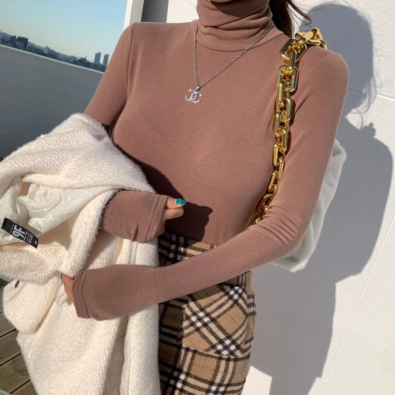 Basic ultrathin Tshirt womens spring turtle neck long sleeved shirt solid casual top elastic flat thin office ladies 250407
