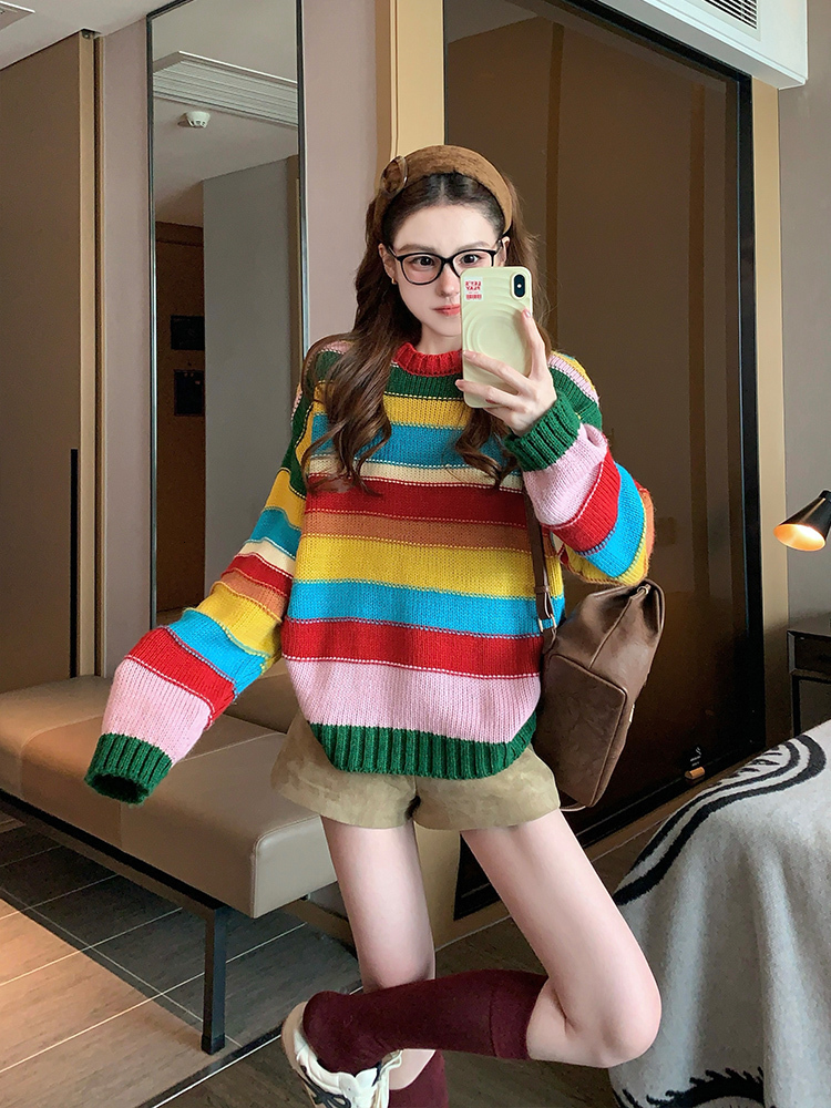 Color Block Striped Knit Sweater for Women 2025 New Spring Autumn Korean Style Lazy Loose Casual Versatile Pullover Top CX200808