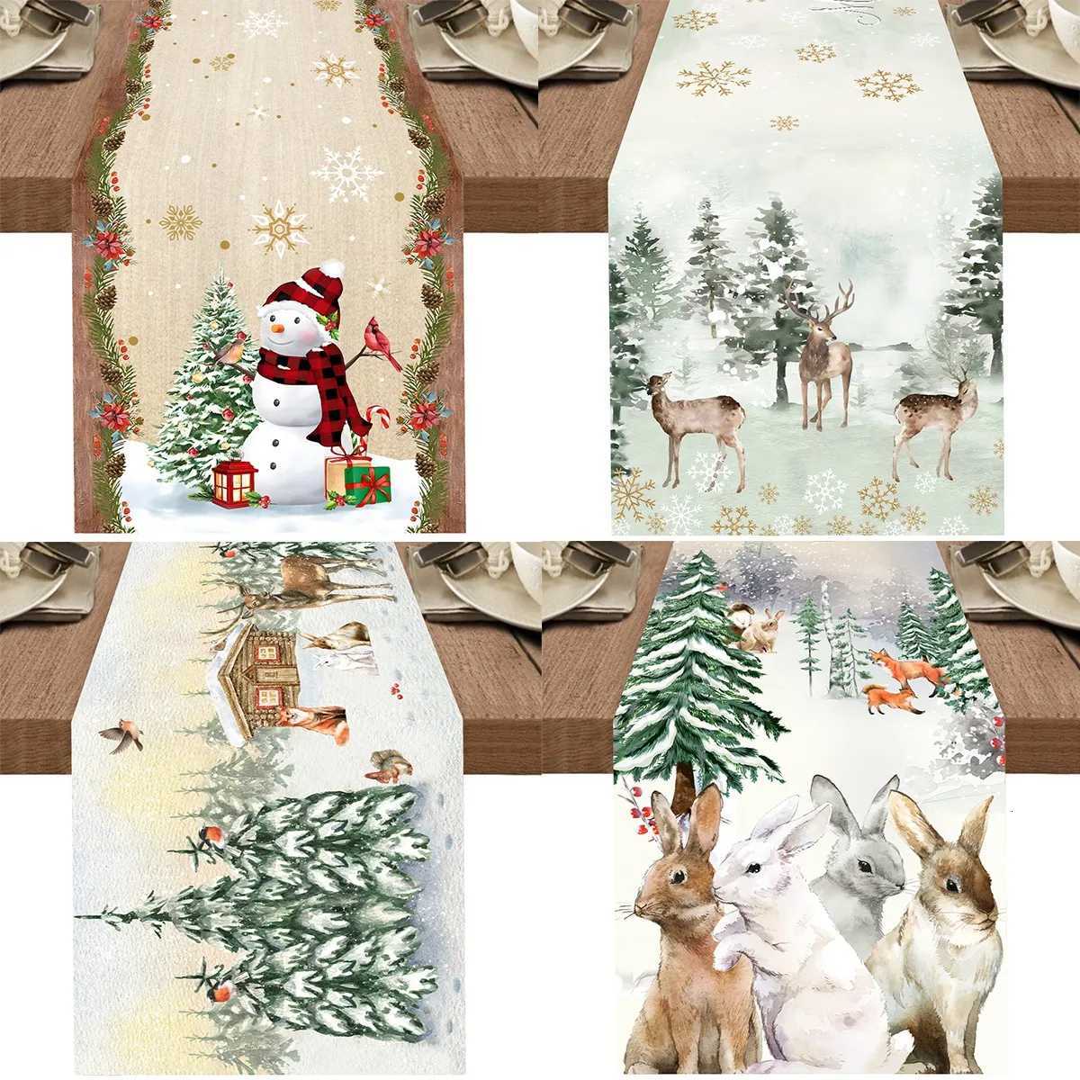 Christmas Watercolor Deer Snowman Christmas Table Runner Christmas Table Decorations For Home 2024 Xmas Table Flag Navidad Noel Gifts Y251113