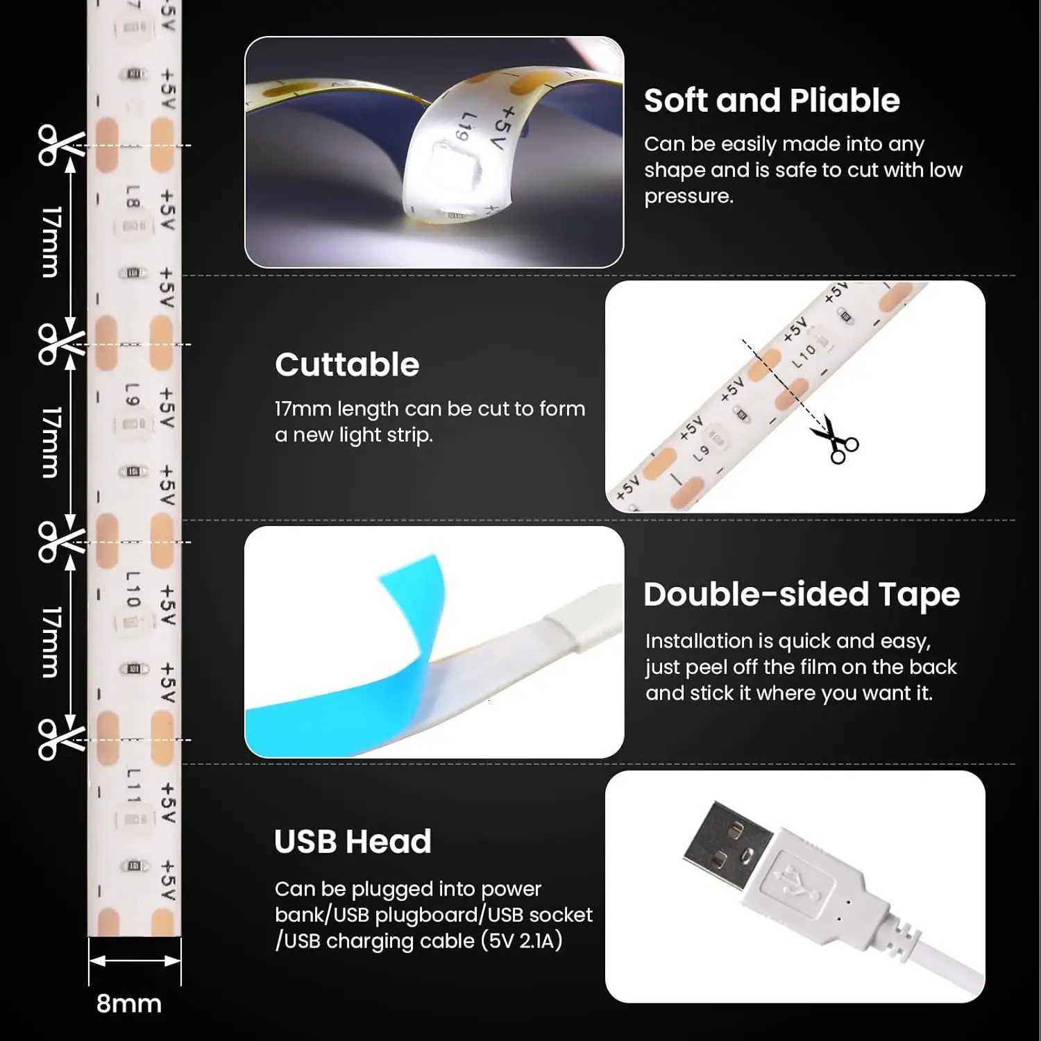 5V USB LED Strip With Switch SMD 2835 60LEDs/M Flexible Senson Light Tape Ribbon Backlight For Room Cabinet TV Lighting W251112