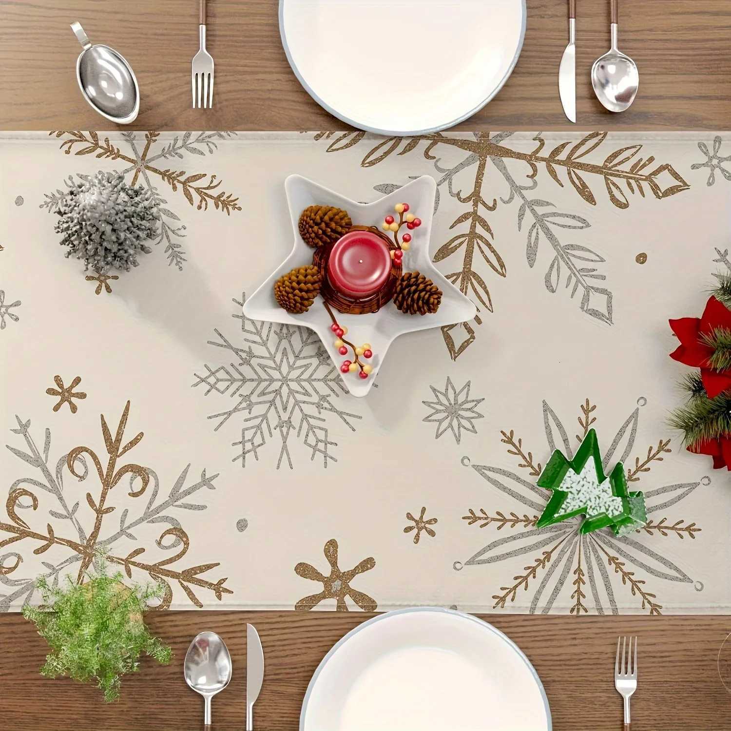 Christmas Winter Table Runner Snowflake Decorations White Gold Winter Runner for Table Seasonal Chriatmas Winter Holiday Decor Y251113
