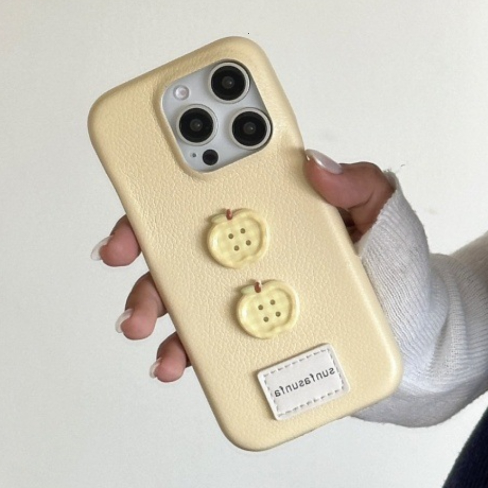 Leather Apple Button Phone Case Compatible with iPhone 16 Pro Minimalist Solid Color Shockproof iPhone 15/14/13 Cartoon Protection
