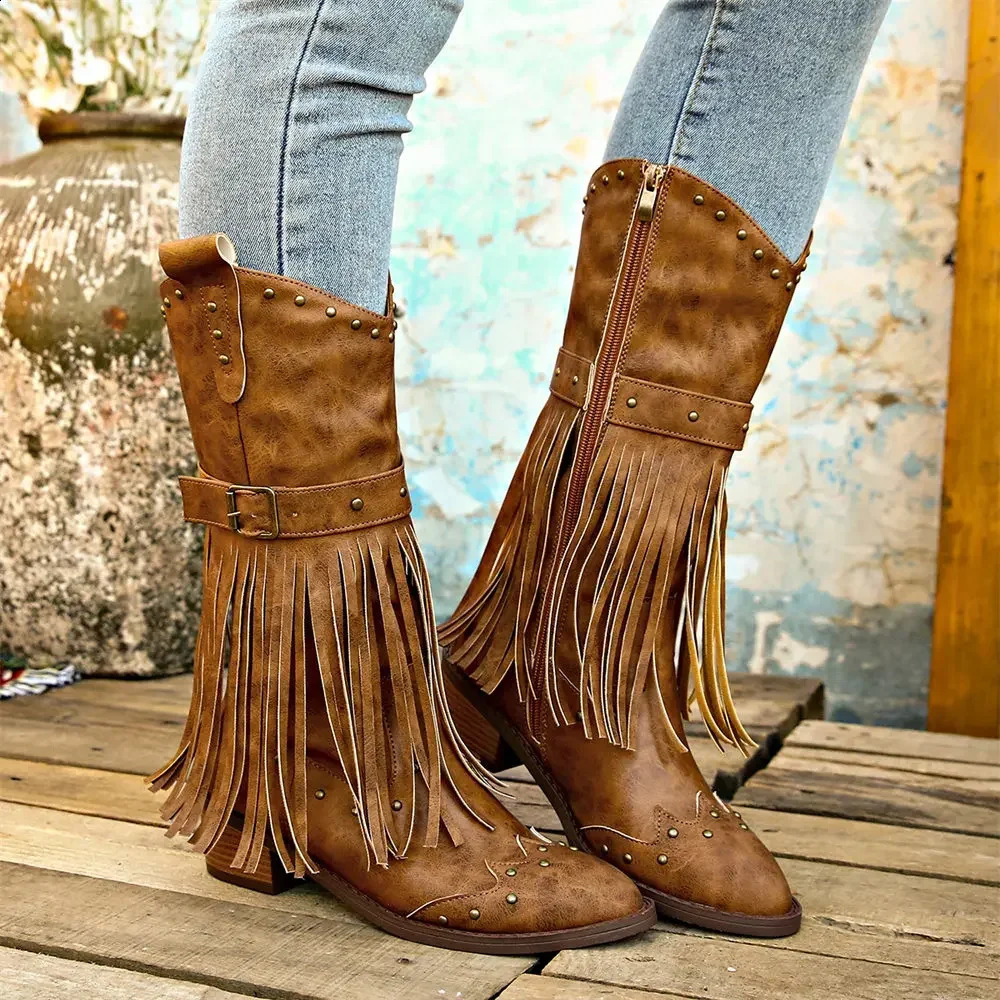 Winter Vintage Western Boots with Fringes Retro Comfy Walking Plus Size 43 Zip-up Mid-calf Tassel Cowboy Boots Women Shoes 250411
