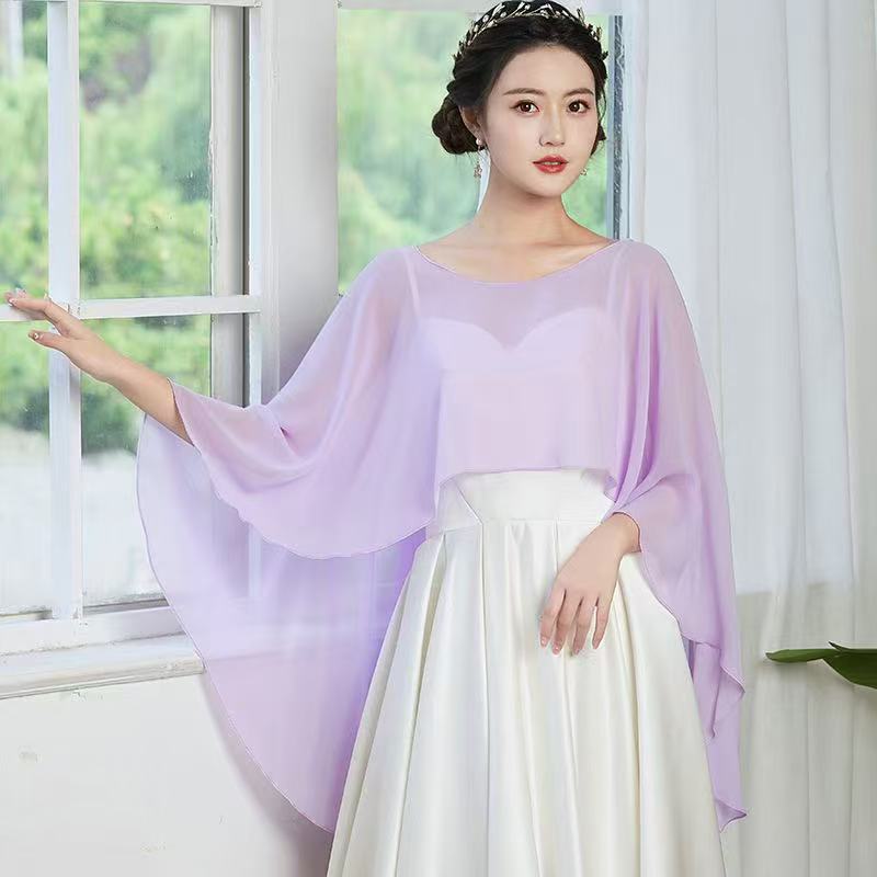 K384 Short solid color chiffon cape round neck thin loose breathable shawl go out all-match simple cloak