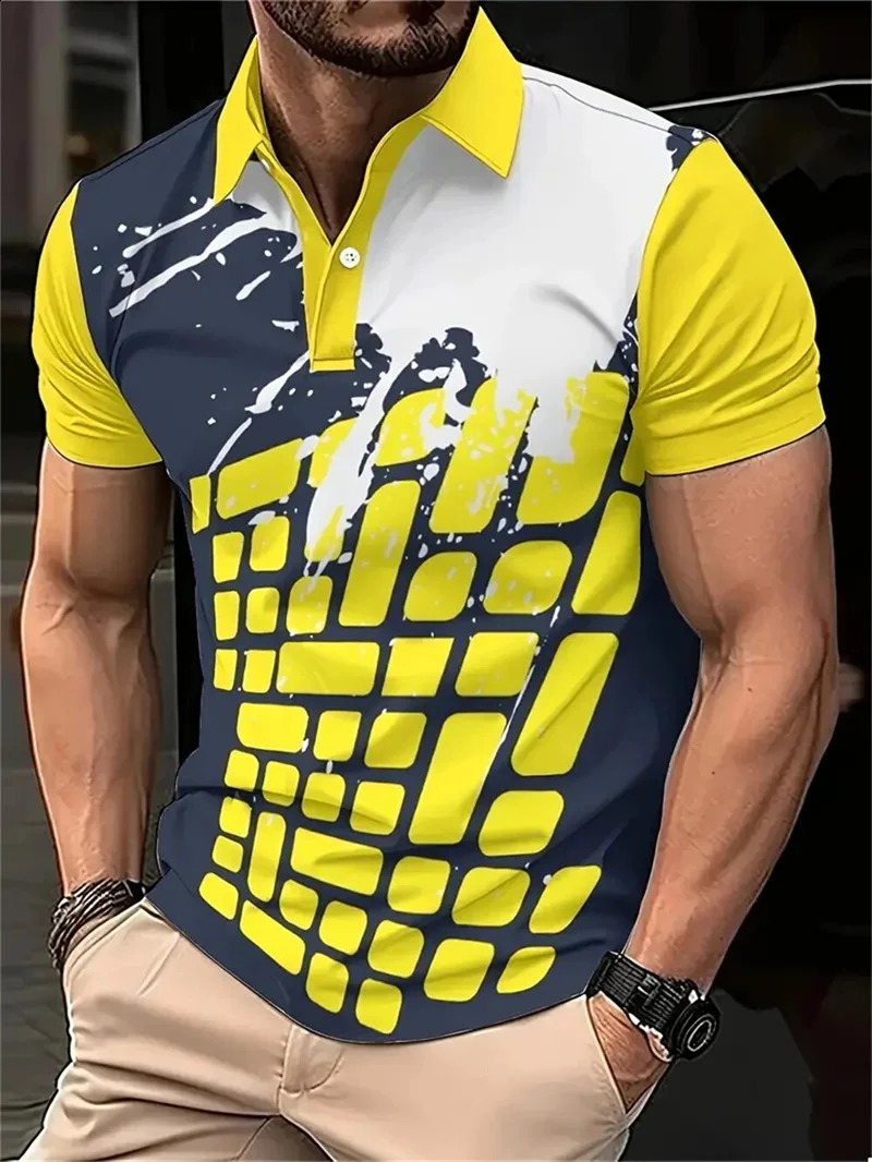 Mens fashion flat graphic polo shirt summer short sleeved 3D printed street flower mens casual top 250409