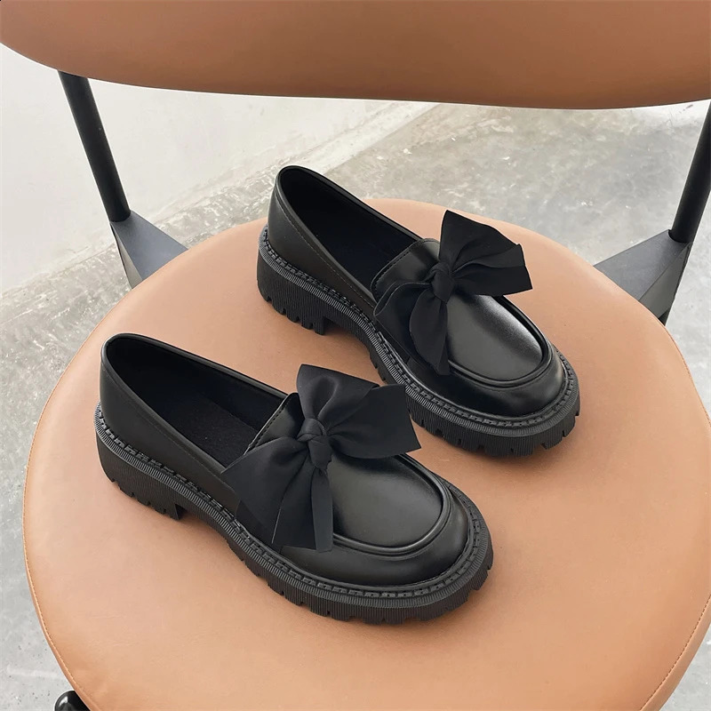 Women Flat Shoes Bow Leather Shoes Ladies Autumn Thick Heel Loafers Woman Fashion Comfortable Work Shoes Zapatos 250410