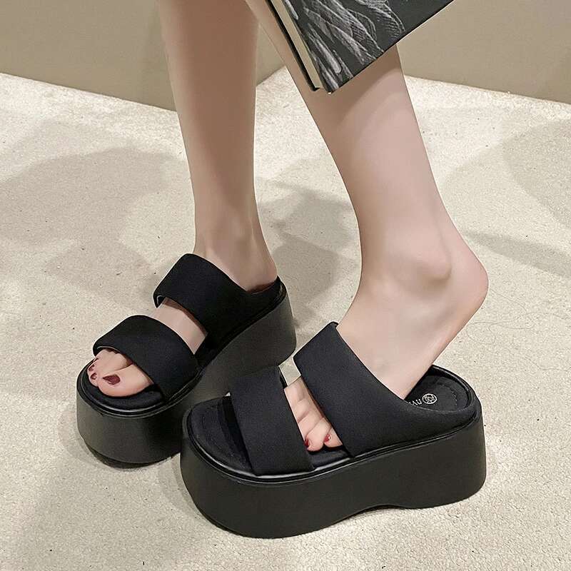 Summer 2023 Chunky Sandals Women's Thick Bottom Wedge Slides 8Cm High Heels Platform Leather Casual Beach Flip Ps Woman