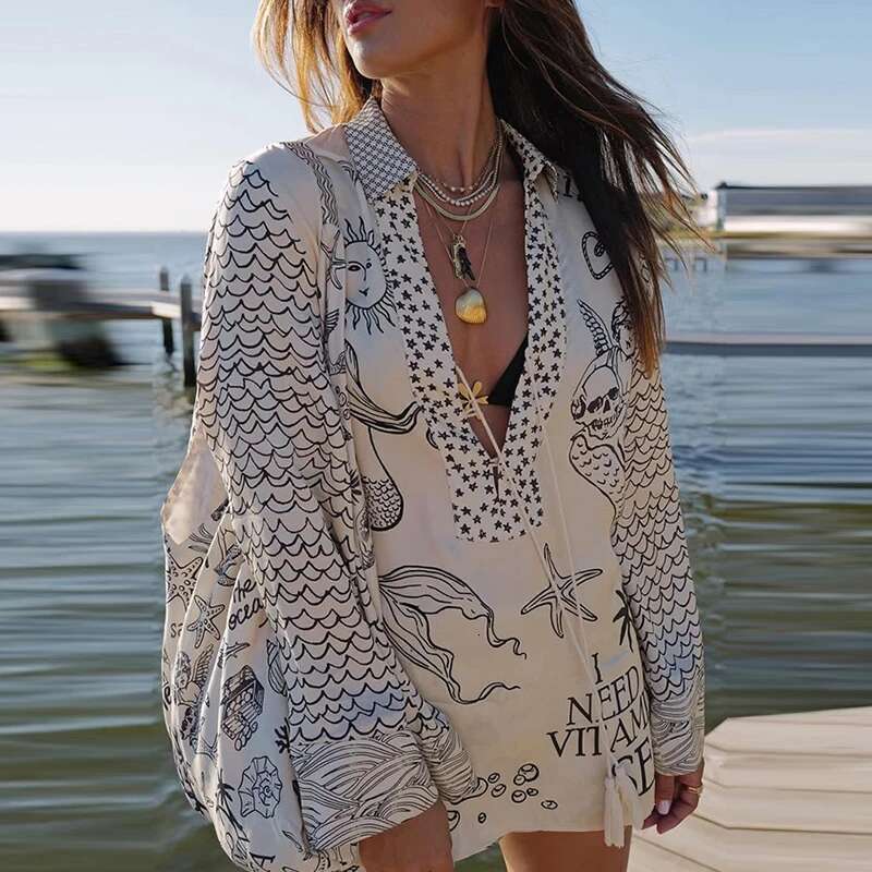 Women Group Of Pants Set Lady Pattern Print V-Neck Long Sleeve Shirts&Shorts Vacation Outfits Summer Satin 2Pcs Temperament Suit