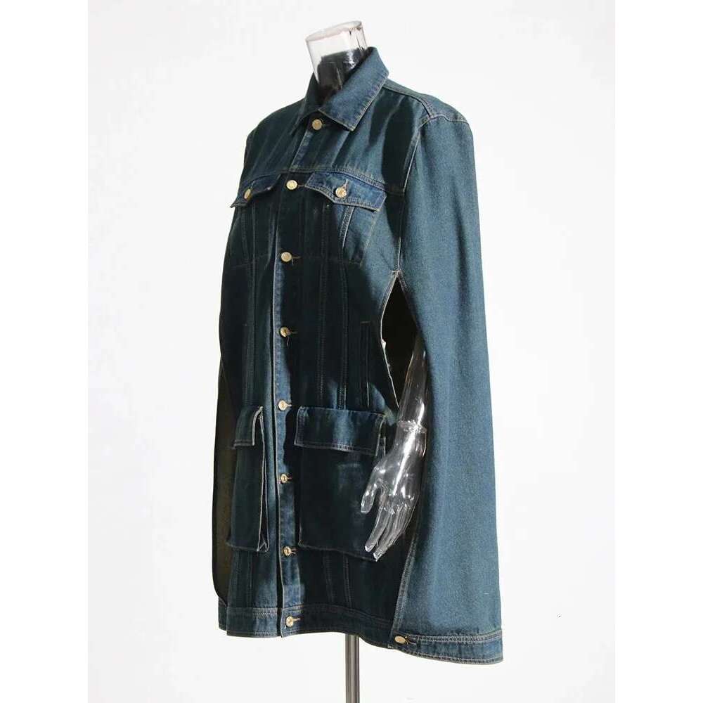 Casual Spliced Button Solid Denim Jackets For Women Lapel Cloak Sleeve Patchwork Pockets Streetwear Loose Coats Female New