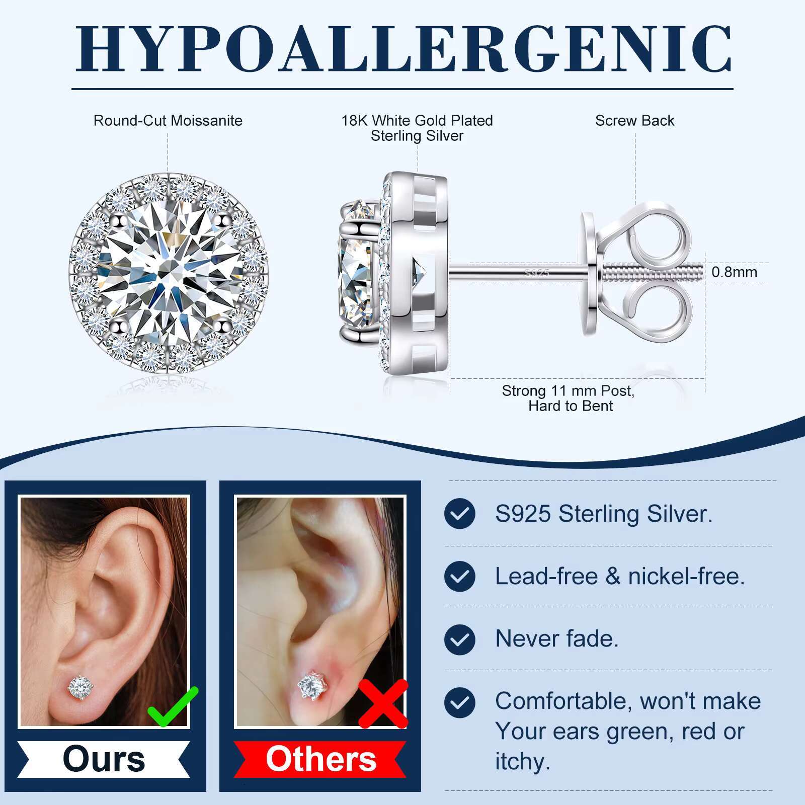 Fine Jewelry Screw Back Women Luxury Gold Plated 925 Sterling Silver Iced Out VVS Moissanite Diamond Halo Stud Earrings for Men