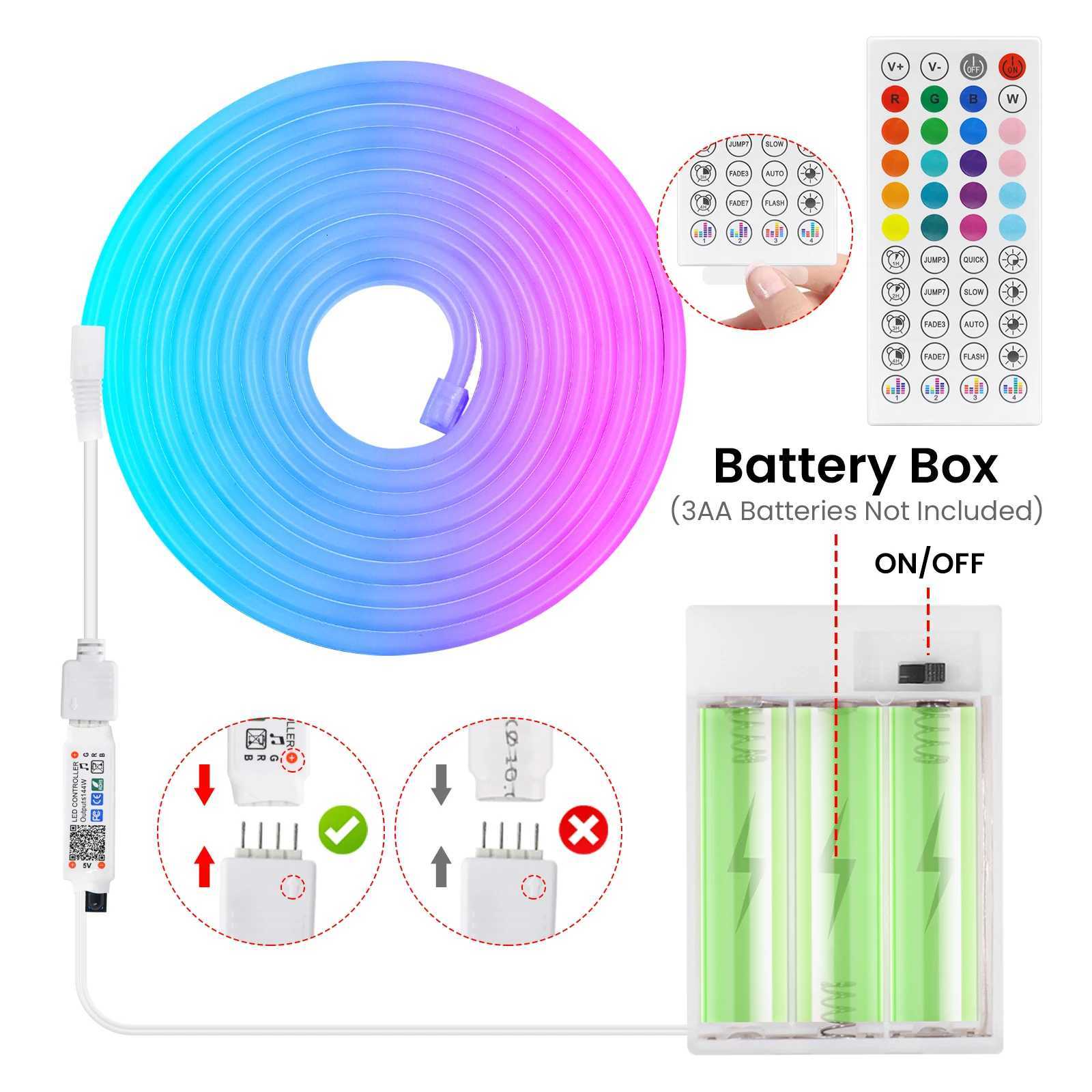 DC5V RGB LED Neon Light AA Battery Powered Bluetooth LED Strip SMD2835 108Leds/m Waterproof Ribbon Tape with Remote Control W251112