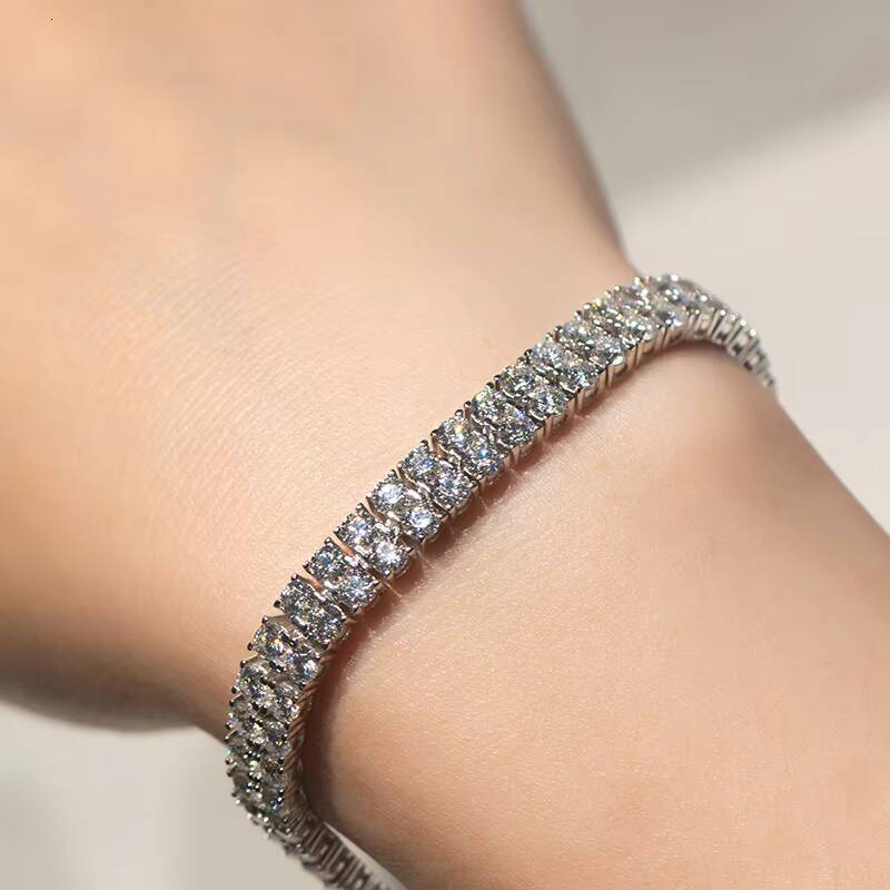 925 Silver Hip Hop VVS Moissanite Diamond Tennis Bracelet Iced Out Two Rows 6mm D Color Moissanite Tennis Bracelet