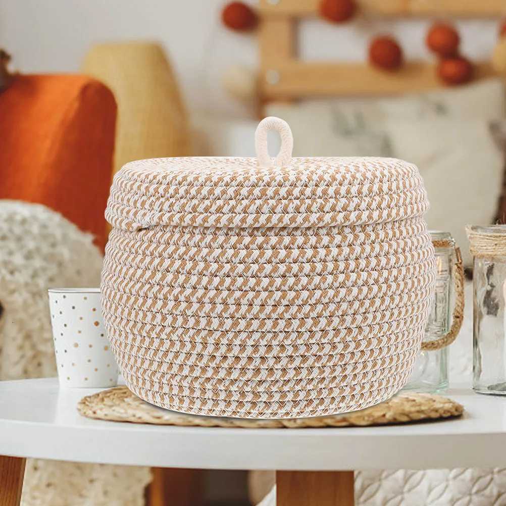 Cotton Rope Woven Basket Round Storage Basket Large Capacity Lid Organizer Decorative Storage for He Sundries Desktop Y251112