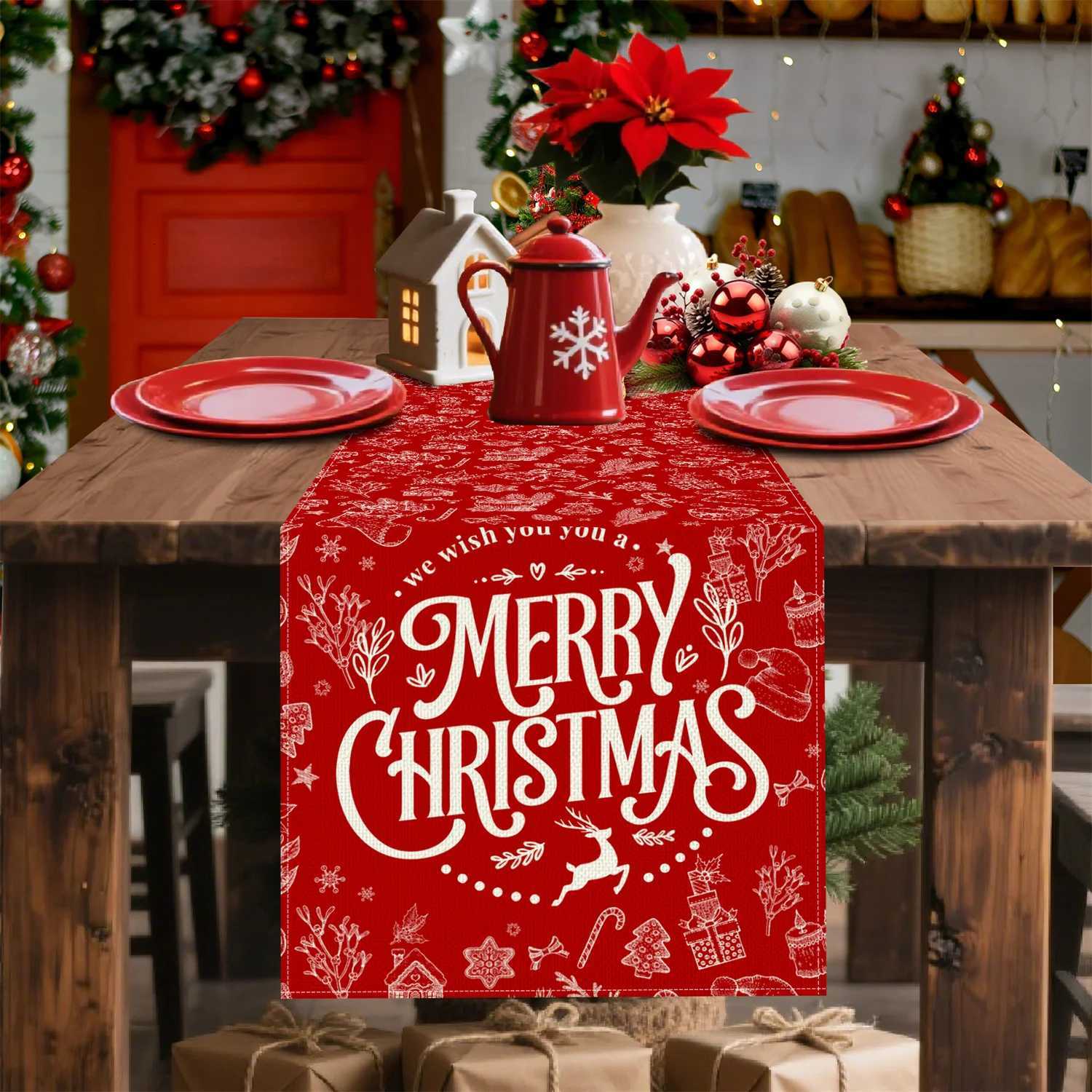 Christmas Elegant Merry Christmas Table Runner Perfect for Festive Holiday Kitchen Dining Table Decoration Home Party Y251113