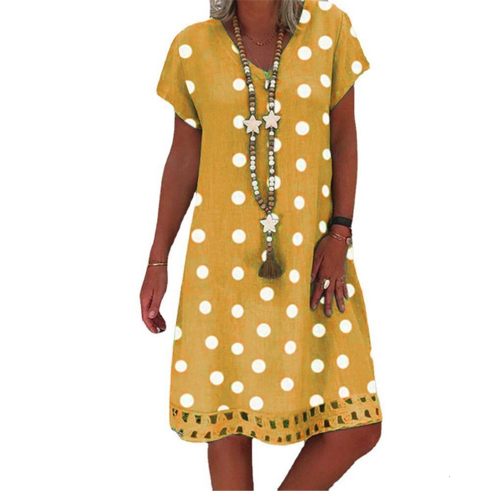 2025 Spring/summer New Womens Dress Fashion Polka Short Sleeve V-neck Printed Middle Skirt