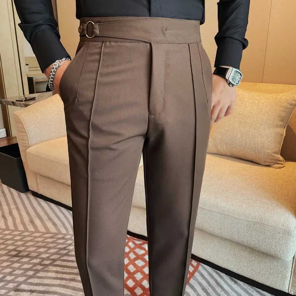 High waisted mens pants 2024 autumn British style ultra-thin fit solid business casual formal dress mens clothingXJ250412