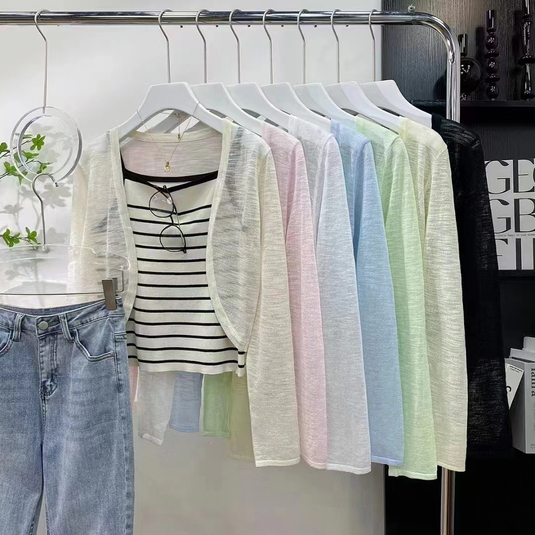 K382 Bamboo linen fabric French knitted cardigan jacket for women thin style with suspender skirt outer wear sun protection air conditioning shirt