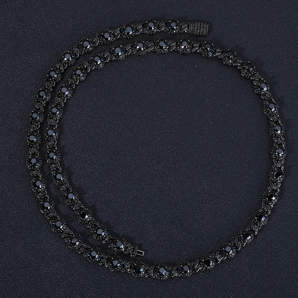 NY Ice Black Cubic Zirconia Round 75mm Beads Necklace Gun Electroplating Diamond Cuban Link Chain Hip Hop Jewelry 251112