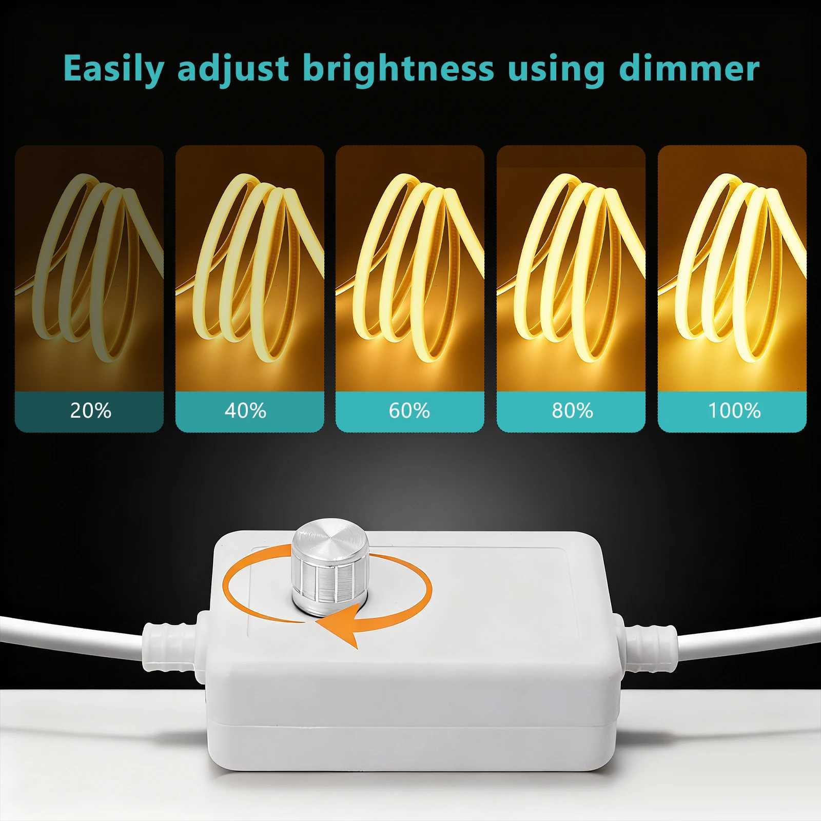 220V COB LED Light Strip IP65 Waterproof Ribbon Tape With EU Dimmer Switch Plug Flex FOB Neon Strips For Home Garden Lighting W251112