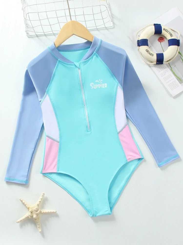 One Piece Kids Girls Swimsuit 2025 New Solid Long Sleeves Bodysuit Children Swimwear Summer Monokini Beach Bathing Suit SwimmingW251113