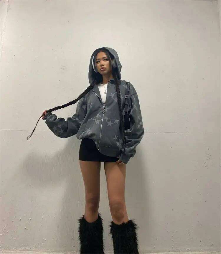 Autumn Y2k Printe Star Graphic Zip Up Oversized Sweatshirt Goth Hoodie Men Women Grunge Hooded Jacket Streetwear Letter Clothing