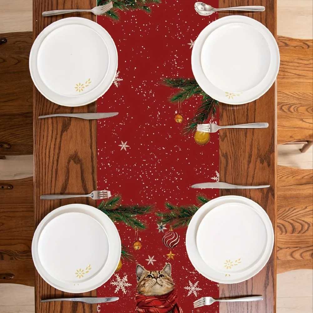 Christmas Christmas Cat Table Runner - 1pc Rectangle Table Flag with Snowflake Holly and Xmas Balls Pattern for Kitchen Dining Decor Y251113