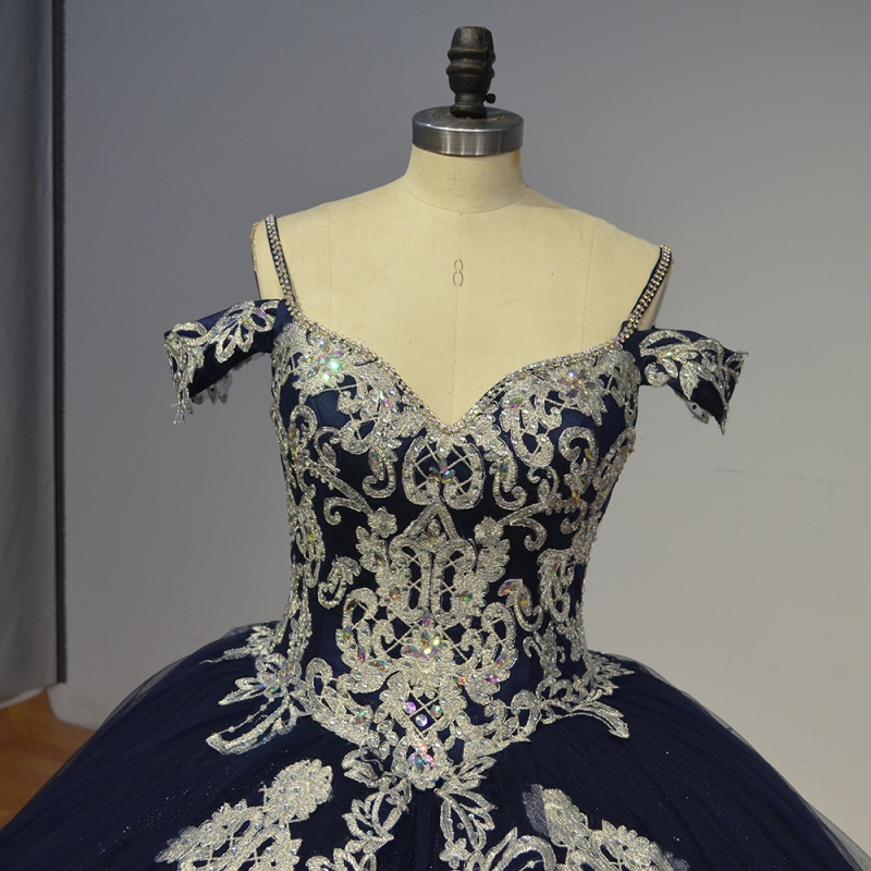 Navy Blue Shiny Princess Quinceanera Dresses Off Shoulder Applique Beads Tull Sweet 16 Dress Ball Gown Vestidos 15 De Anos