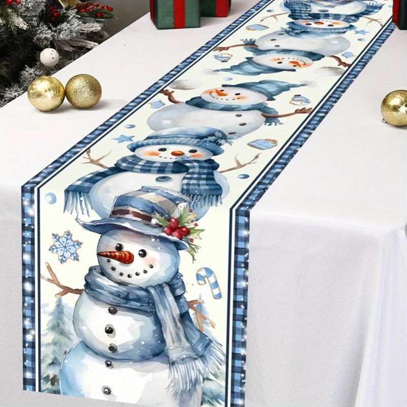 Christmas Christmas Blue Snowman Linen Table Runner Holiday Wedding Party Decor Xmas Snowflakes Plaid Table Runners Christmas Decorations Y251113