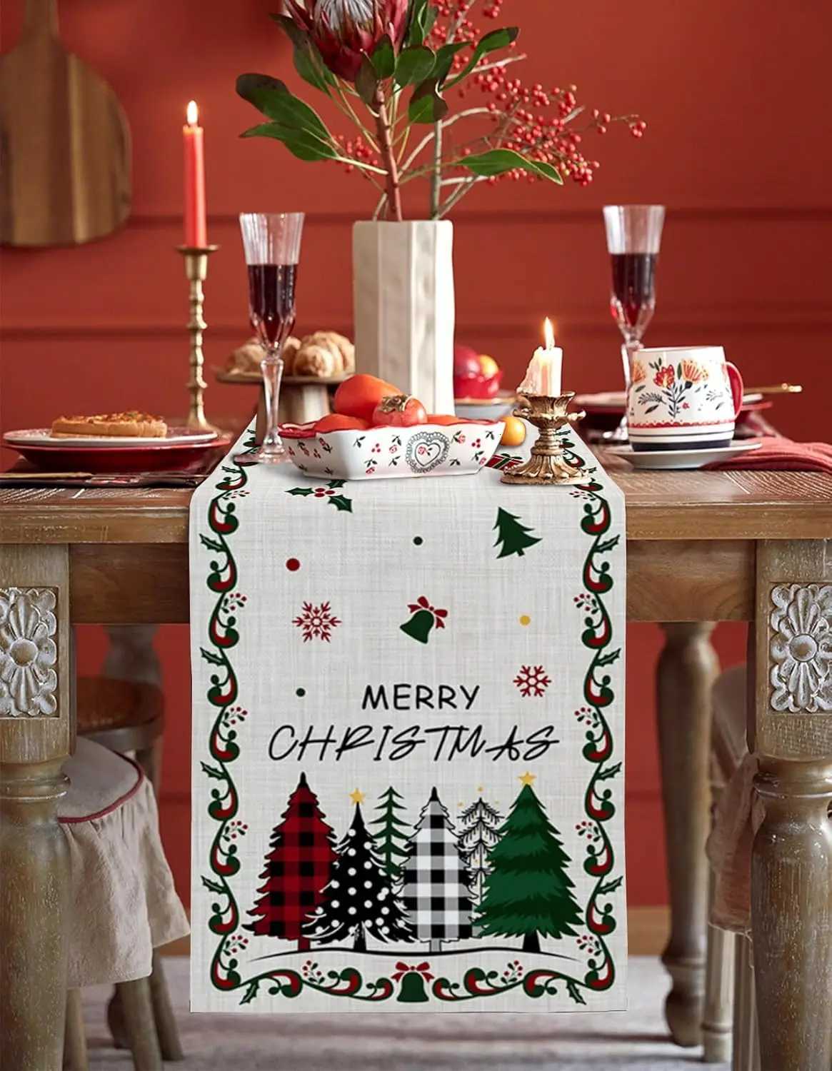 Christmas Christmas Tree Snowflake Bufflao Plaid Linen Table Runner Dresser Scarf for Xmas Party Decor Washable Kitchen Dining Table Decor Y251113