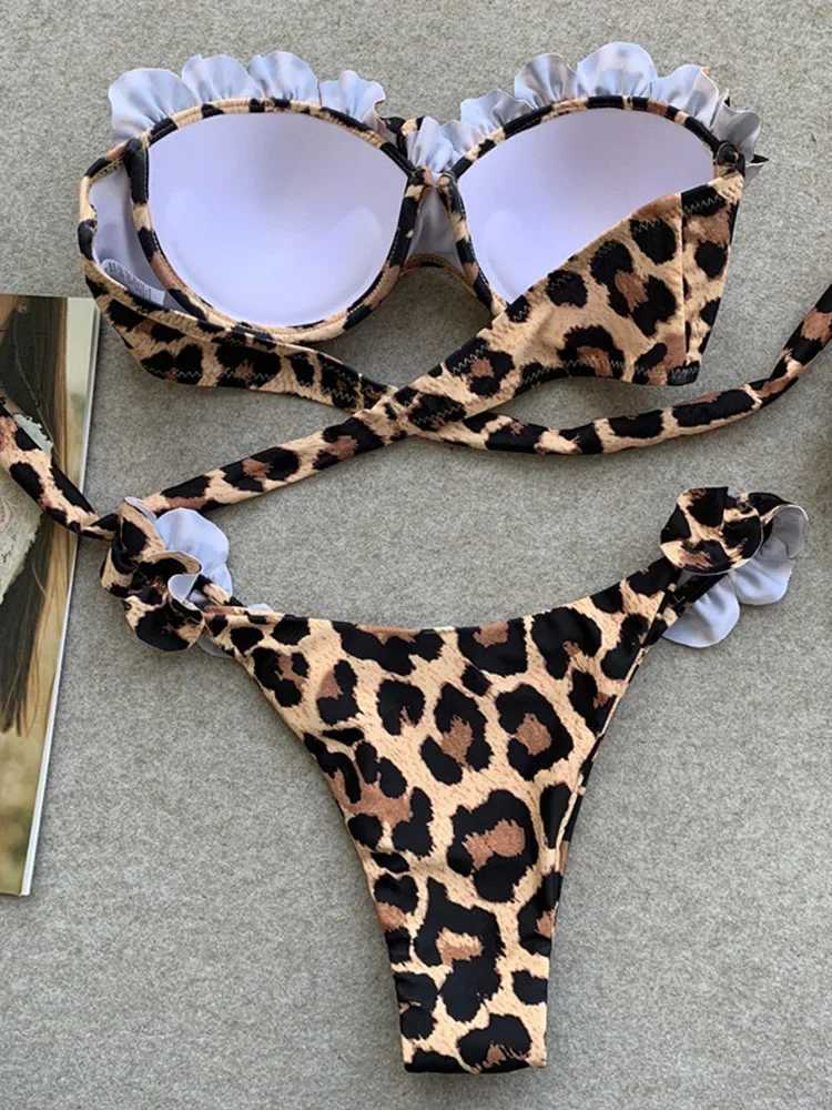 Leopard Ruffled Bra Cup Bikini 2025 Women Bandeau Swimsuit Female Swimwear Two Pieces Bikini Set Push Up Bathing Suit Swim LadyW251113
