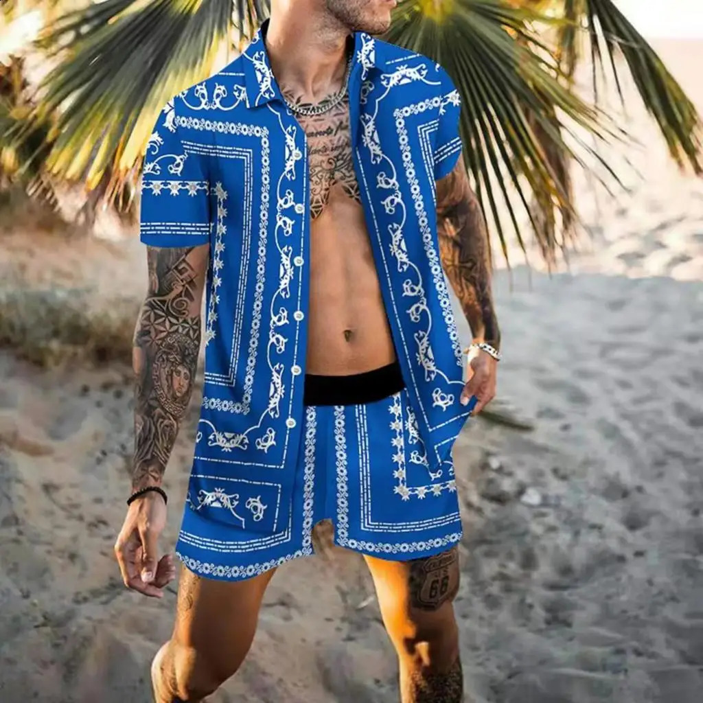 Retro mens shirt set summer Golden Horse print beach short sleeved shirt casual travel mens Hawaii 2-piece set S-5XL 250410
